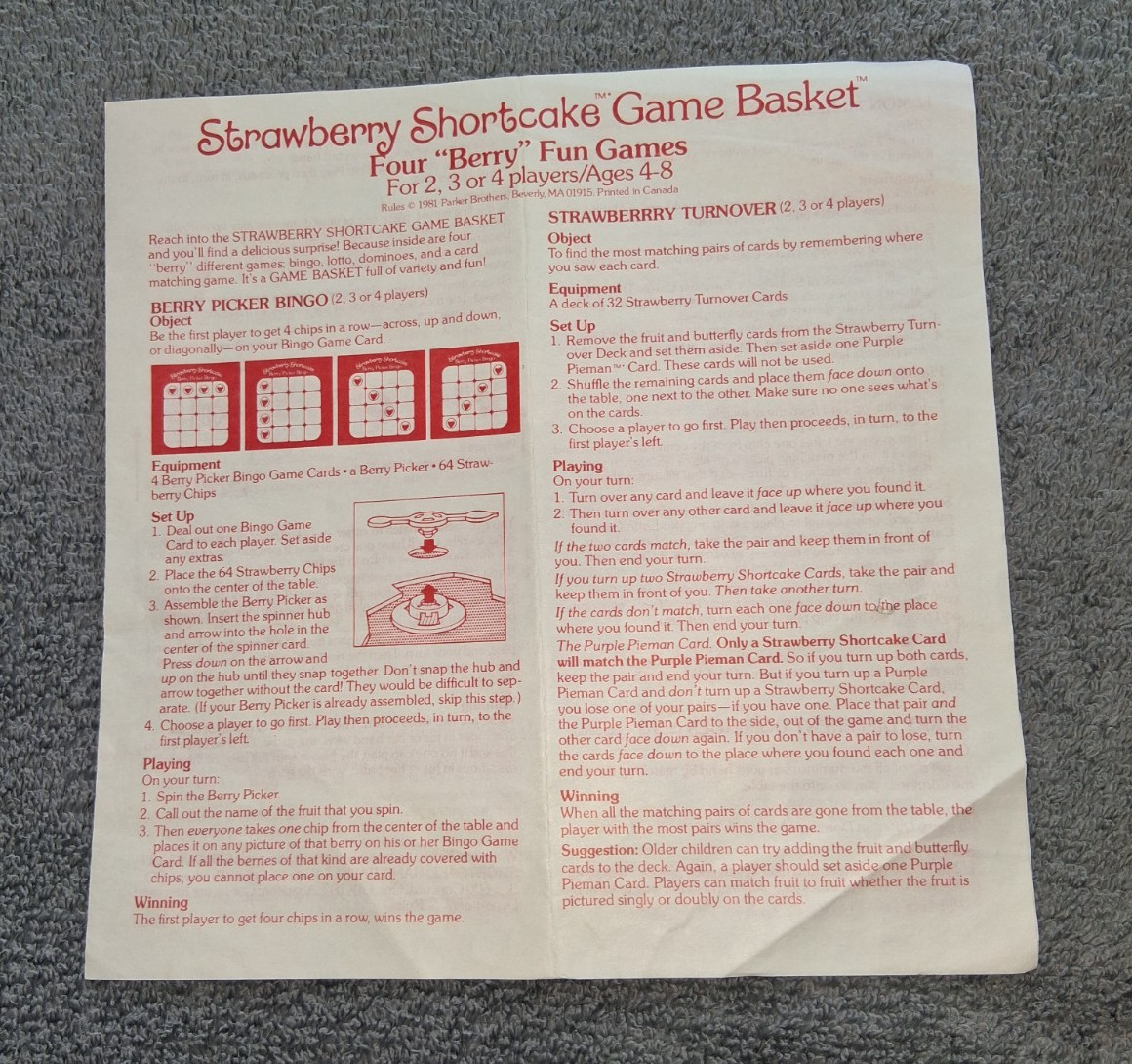 Strawberry Shortcake Fraisinette Berry Game Basket Panier De Jeux French 1981