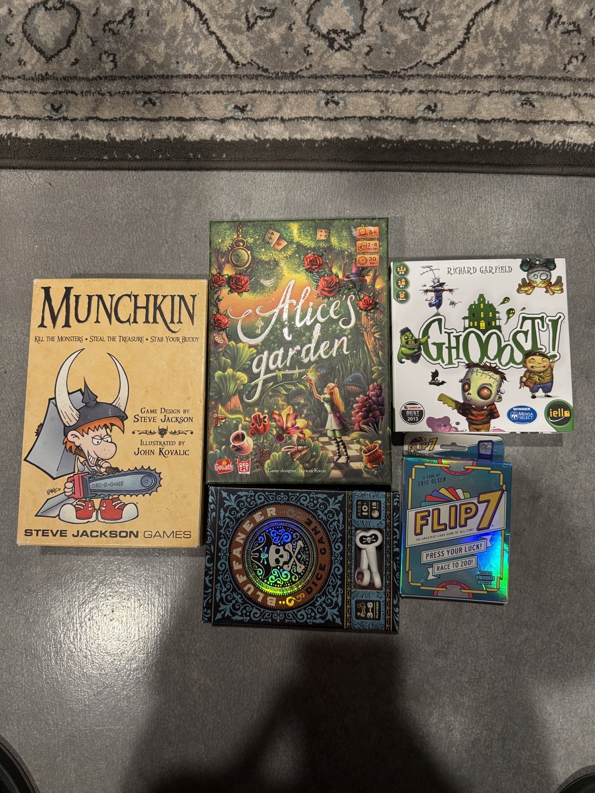 Board Game Bundle! Flip 7, Munchkin, Alice’s Garden, Ghooost!, And Bluffaneer
