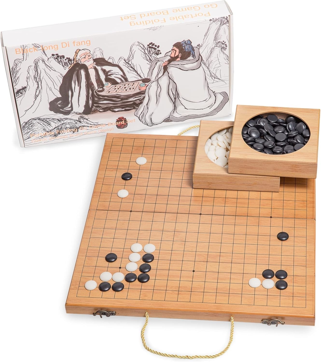 19 X19 Folding Go Game Set Board with and Bamboo Bowls and Imitation Jade Go Pie