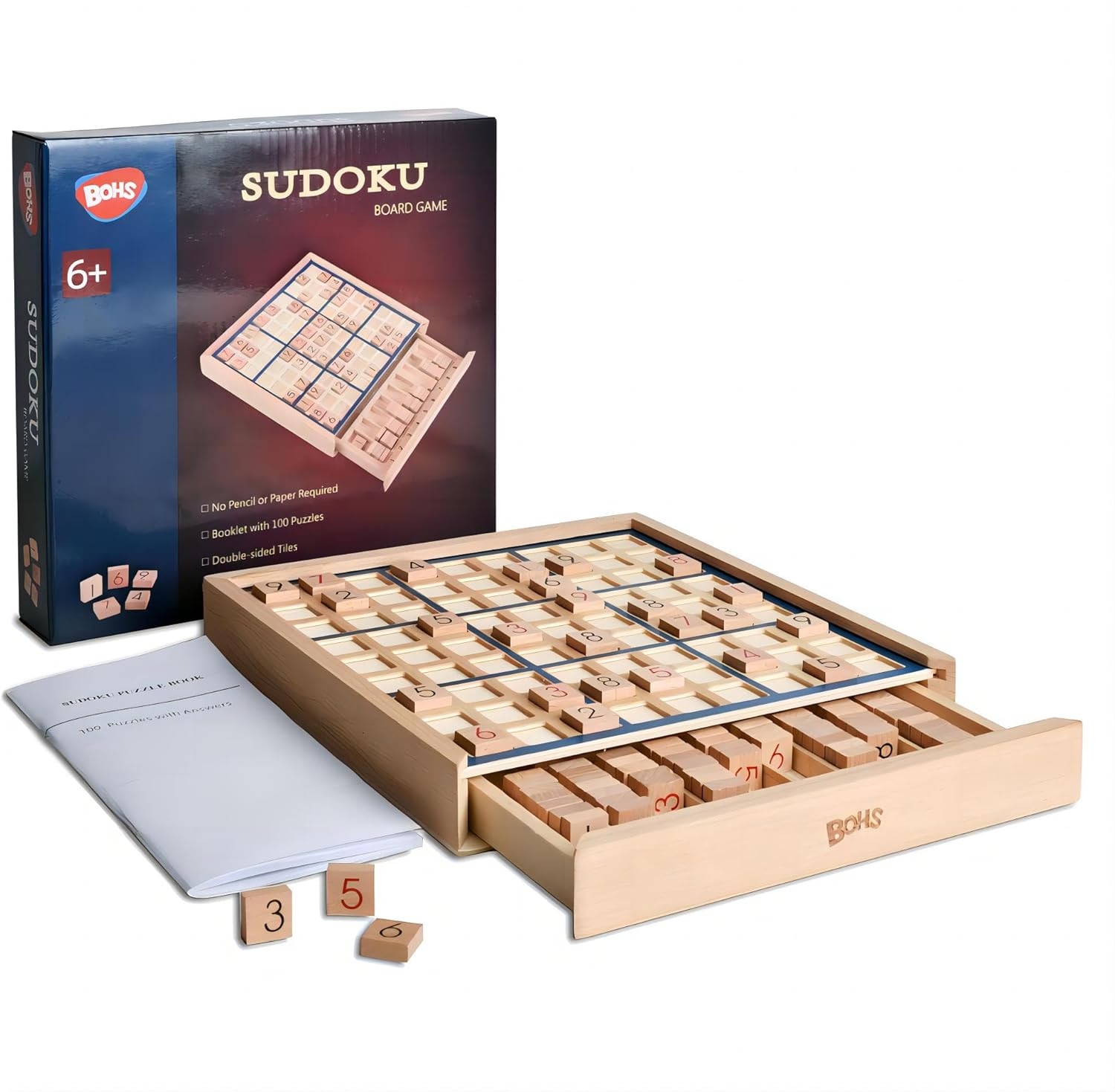 Wooden Sudoku Board Game with Drawer – with 100 Puzzles Sudoku Book for Adults –