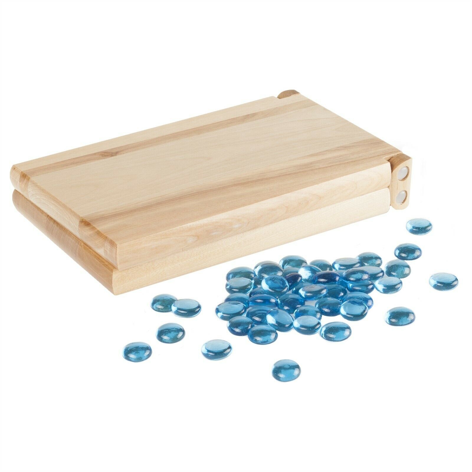Classic Folding Wooden Mancala Board Game with Blue Stones Family Strategy Game