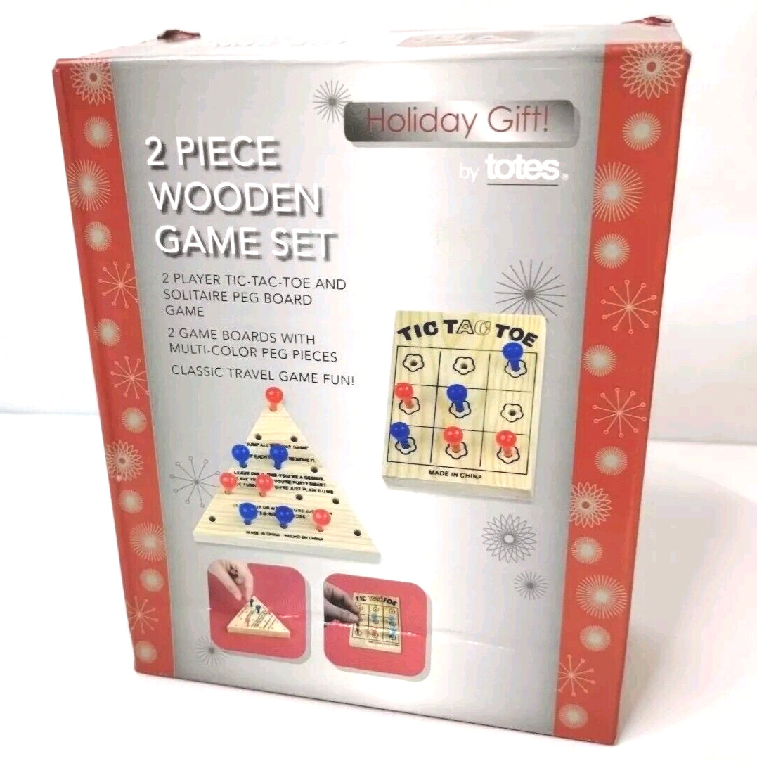 2 Piece Wooden Games By Totes Tic-Tac-Toe & Solitaire Mini Travel Peg Boards