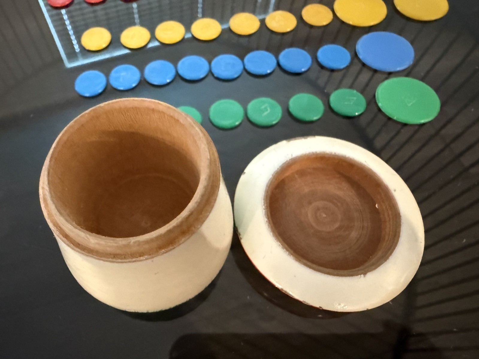 Vintage Wooden Mushroom Container with Tiddlywinks Game Inside.