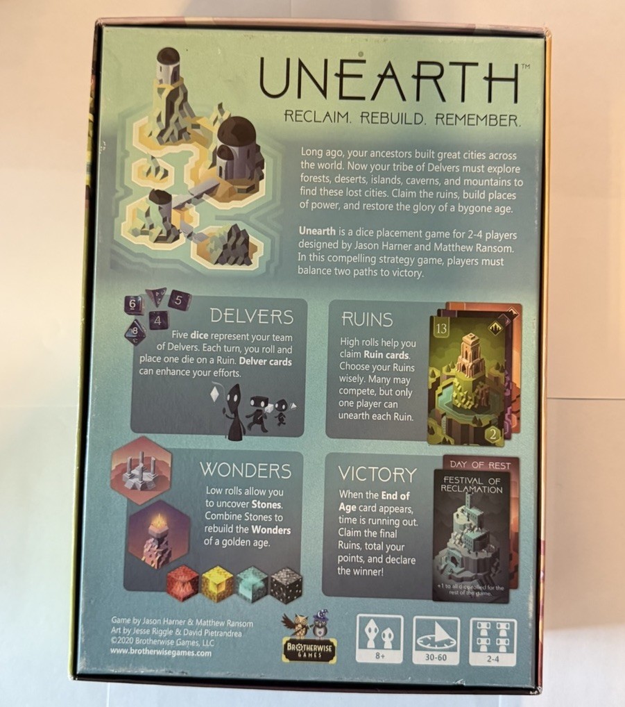 Unearth Board Game Brotherwise 2017 First Edition 2nd Printing BGM013 Complete