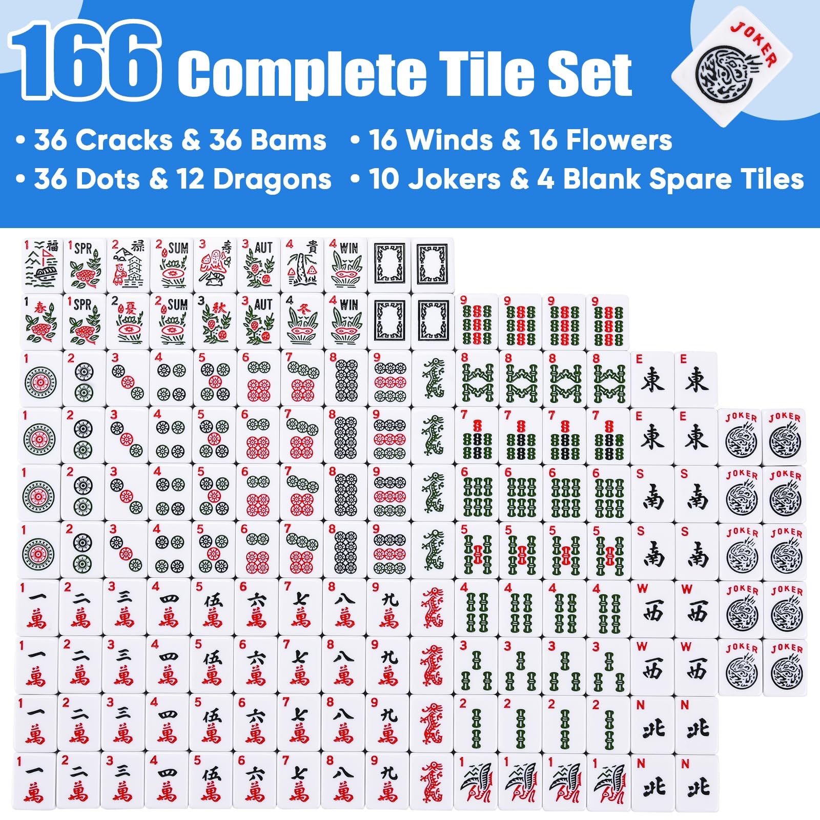 ADAH American Mahjong Set with 166 Tiles, 4 All-in-One Rack/Pushers, Premiu