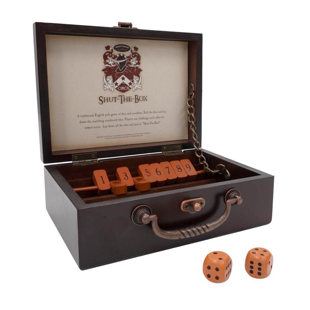 Front Porch Classics, Circa Shut the Box, Wooden 9 Number Dice Game with Case…