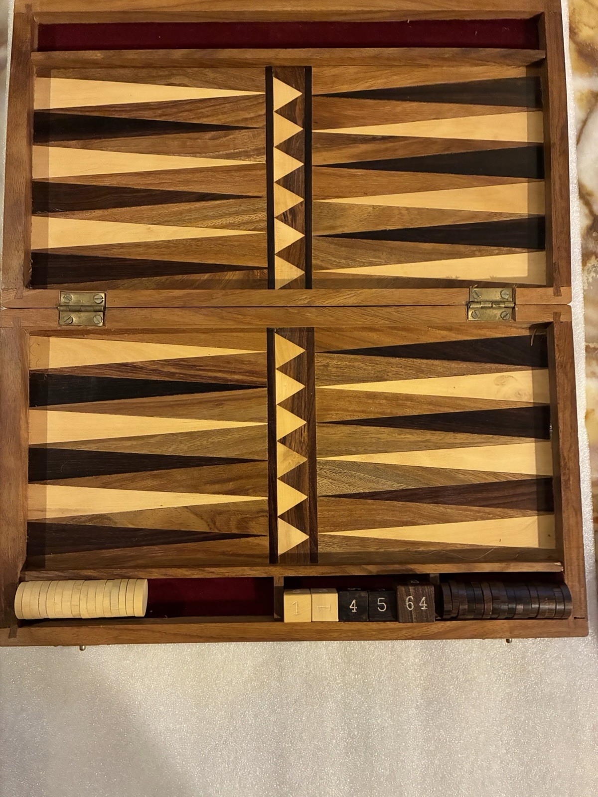 Wooden Inlaid Backgammon Set Travel Size, 12” X 7” Case