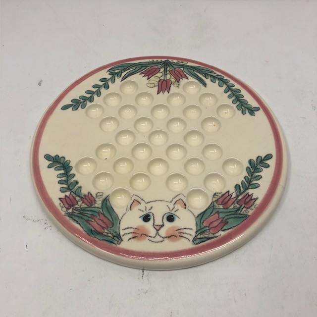 Vintage Ceramic Solitaire Marble Board Game Hand Painted Cat & Flowers Design