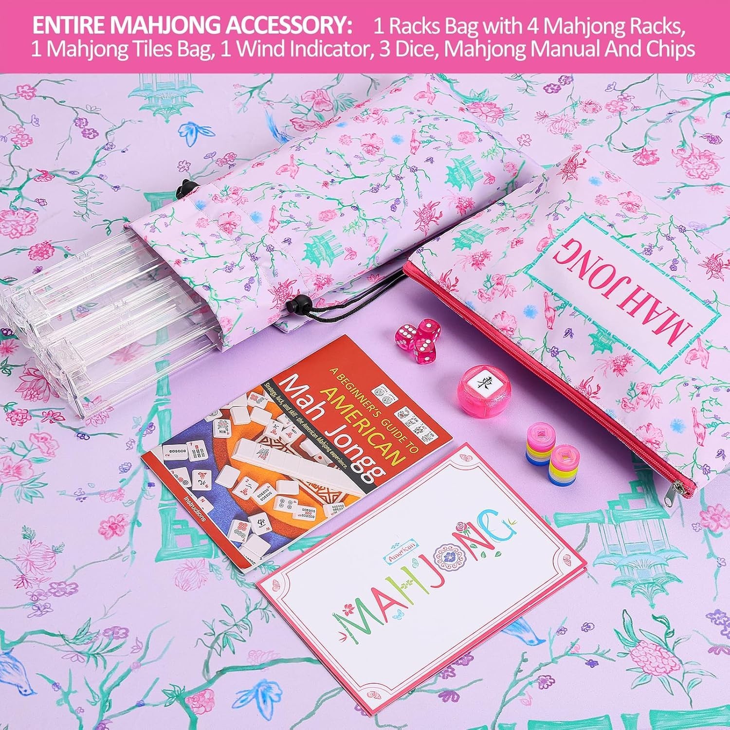 American Mahjong Carved/Engraved MAGENTA tiles Pink Bag COMPLETE & BRAND NEW