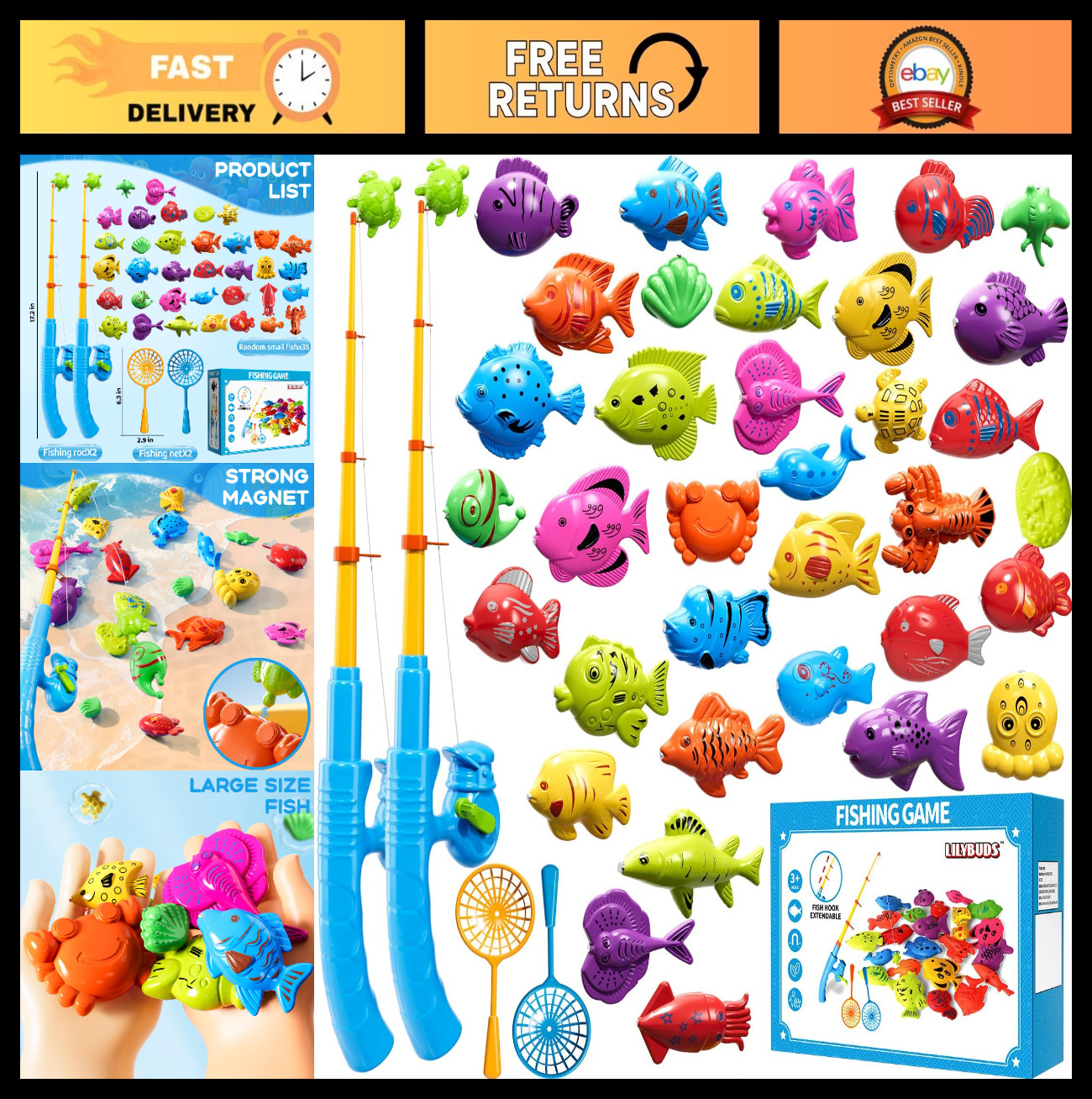 Magnetic Fishing Game Toy for Kids 3-8, Water Table Bathtub Pool Fun, Floating F