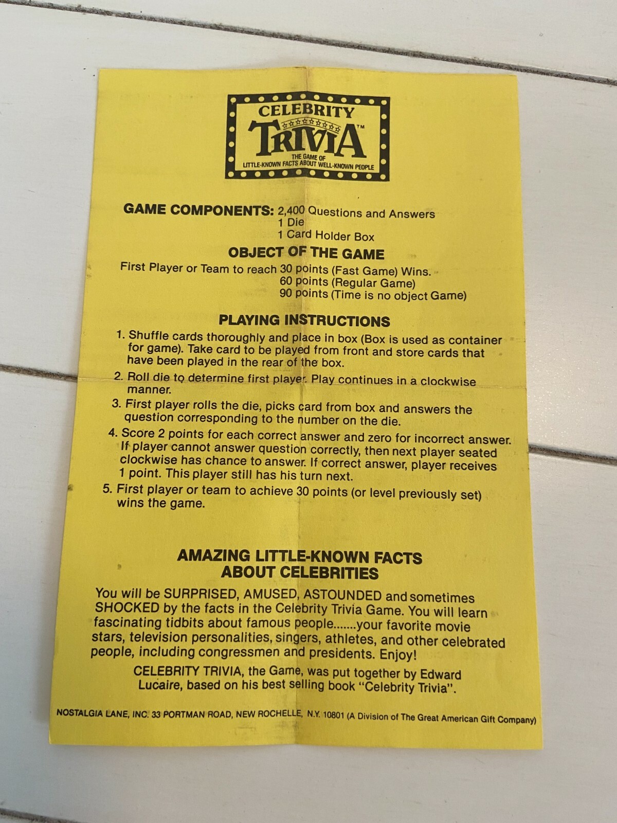 Celebrity Trivia Facts Card Game Nostalgia Lane