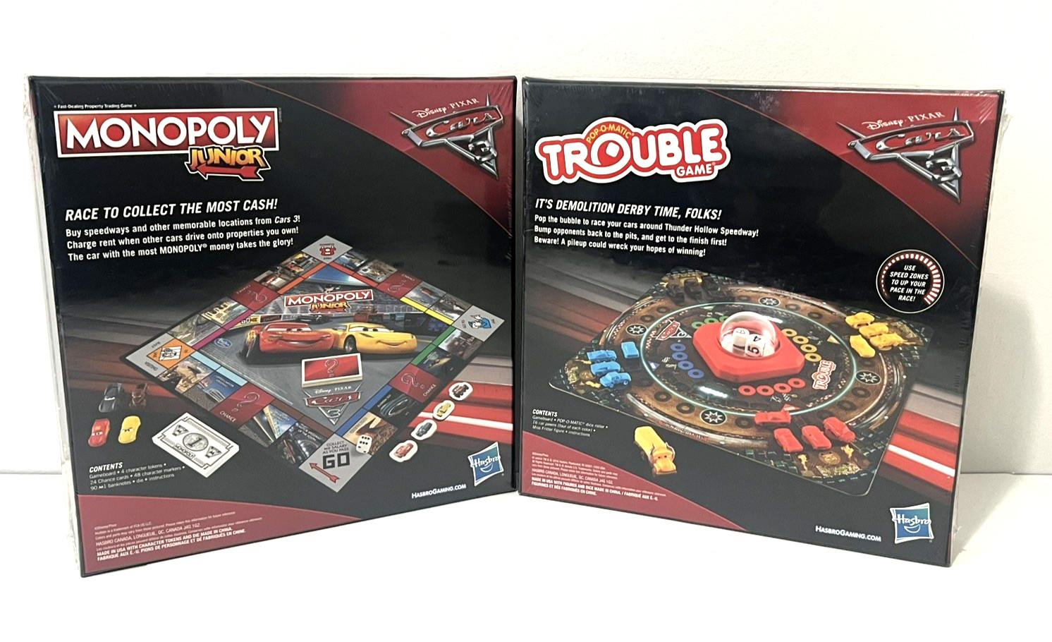 LOT OF 2 DISNEY PIXAR CARS 3 BOARD GAMES MONOPOLY JR &POP-O-MATIC TROUBLE HASBRO