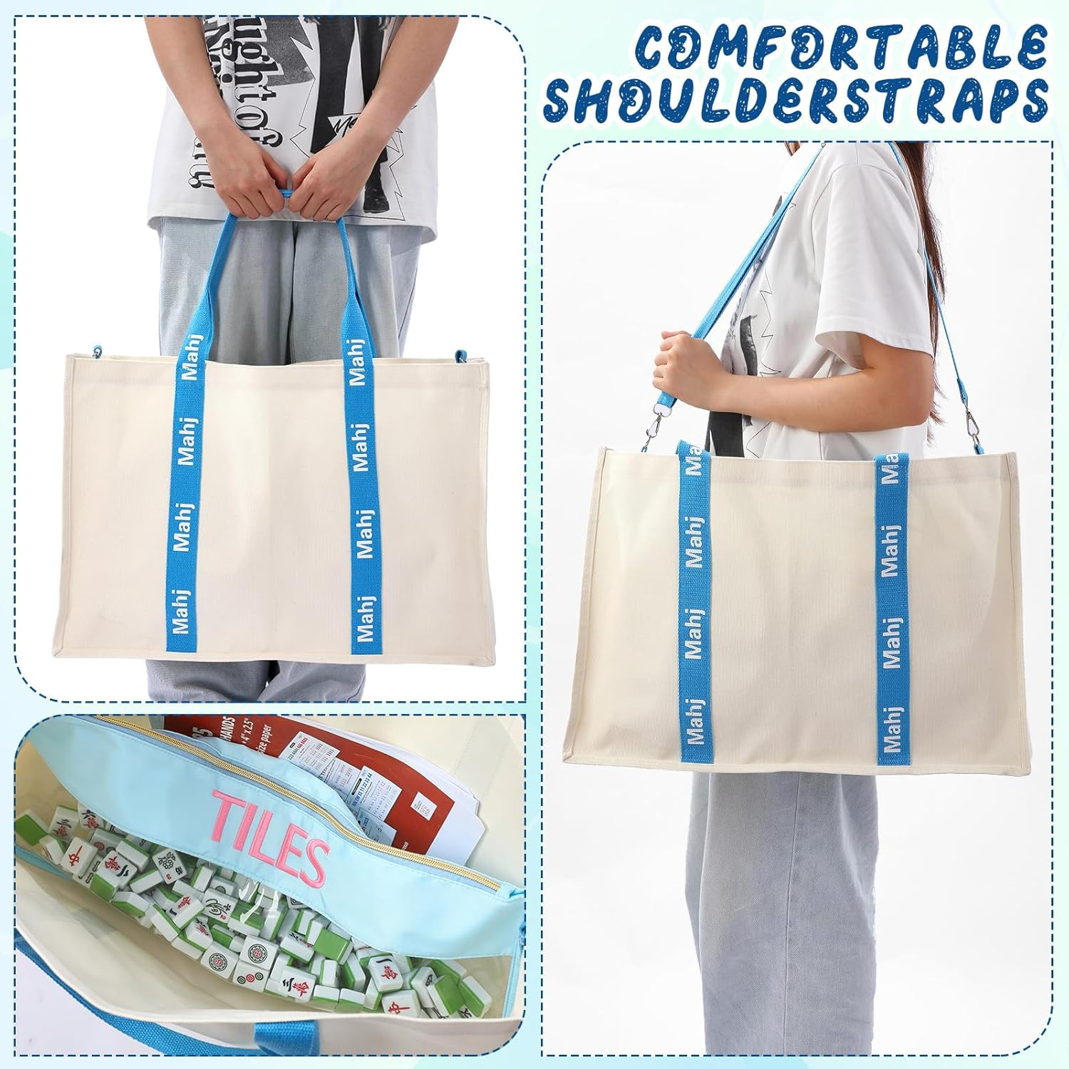 2 Pcs Embroidered Mahjong Canvas Tote Bags Large Empty Mah-Jong Tile Bag Mahjon