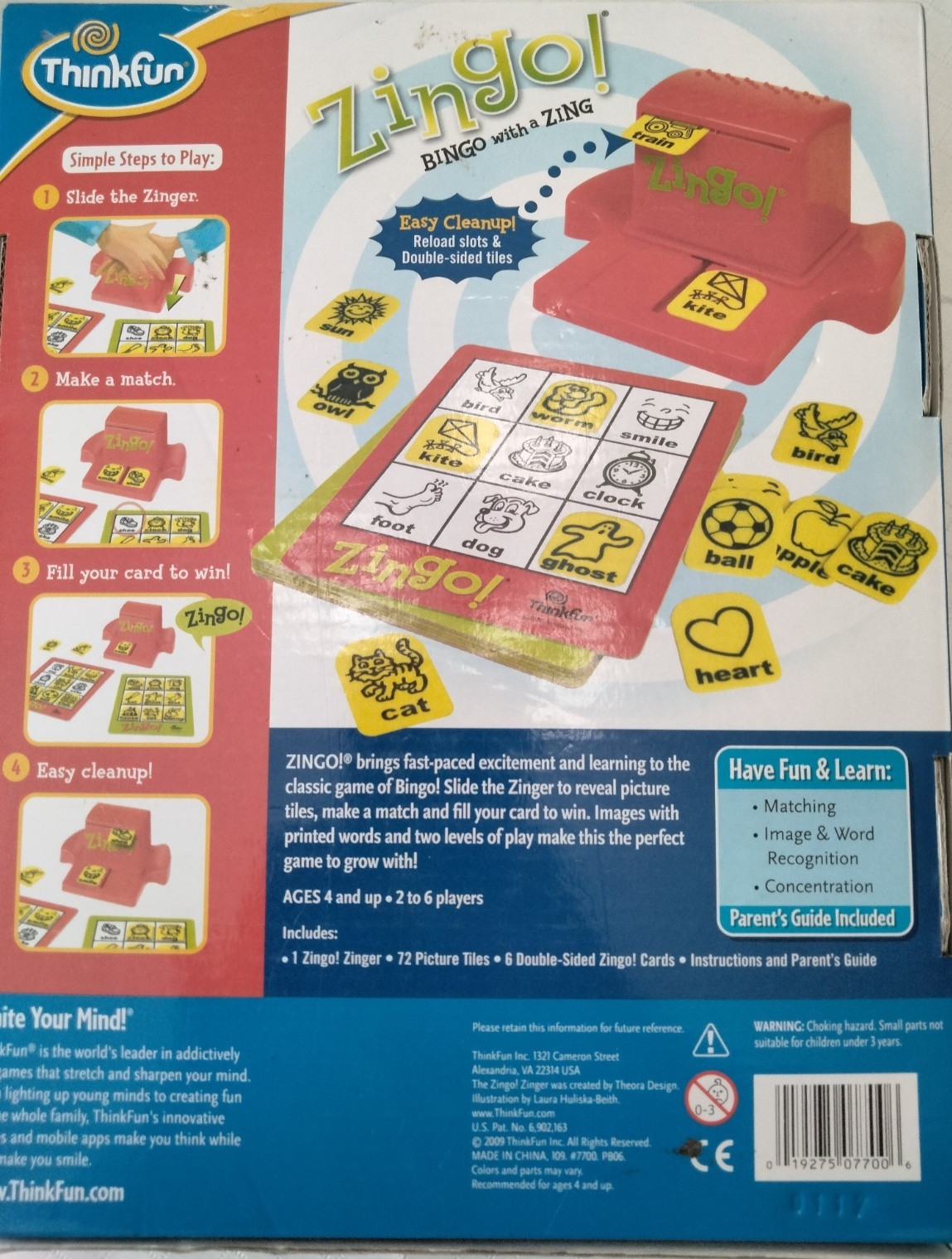 Zingo! Bingo with a Zing Thinkfun ages 4+ 2-6 plyrs ’09 complete box has damage