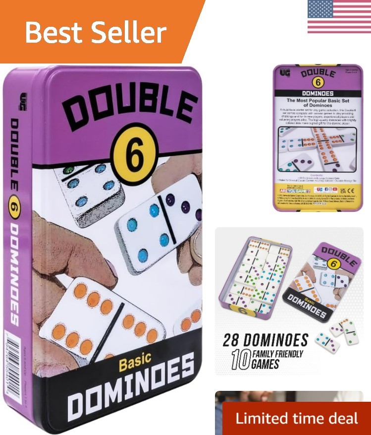 Double 6 Travel Tin Domino Set from, for 1 to 4 Players Ages 6 and up