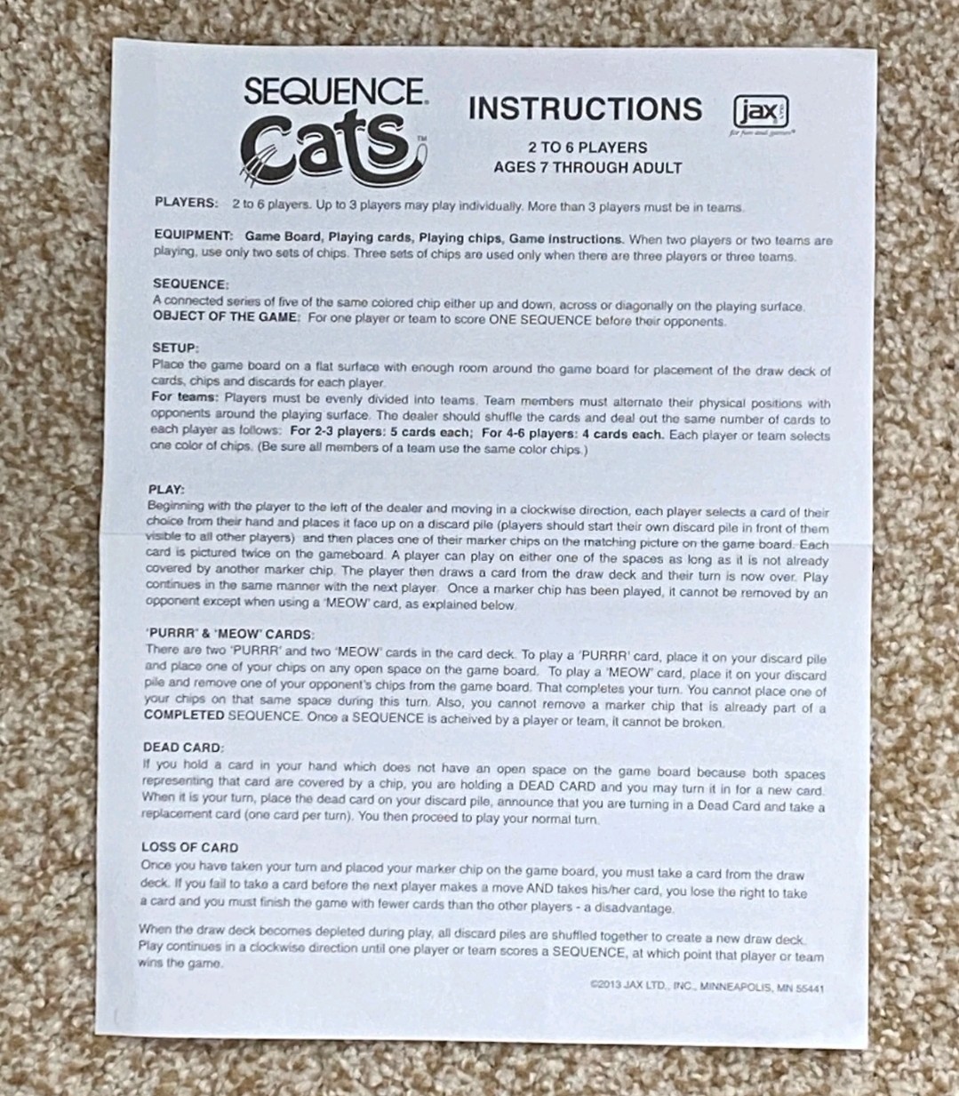 Sequence Cats Board Game 100% Complete EUC 2-6 Players Rules English/Spanish