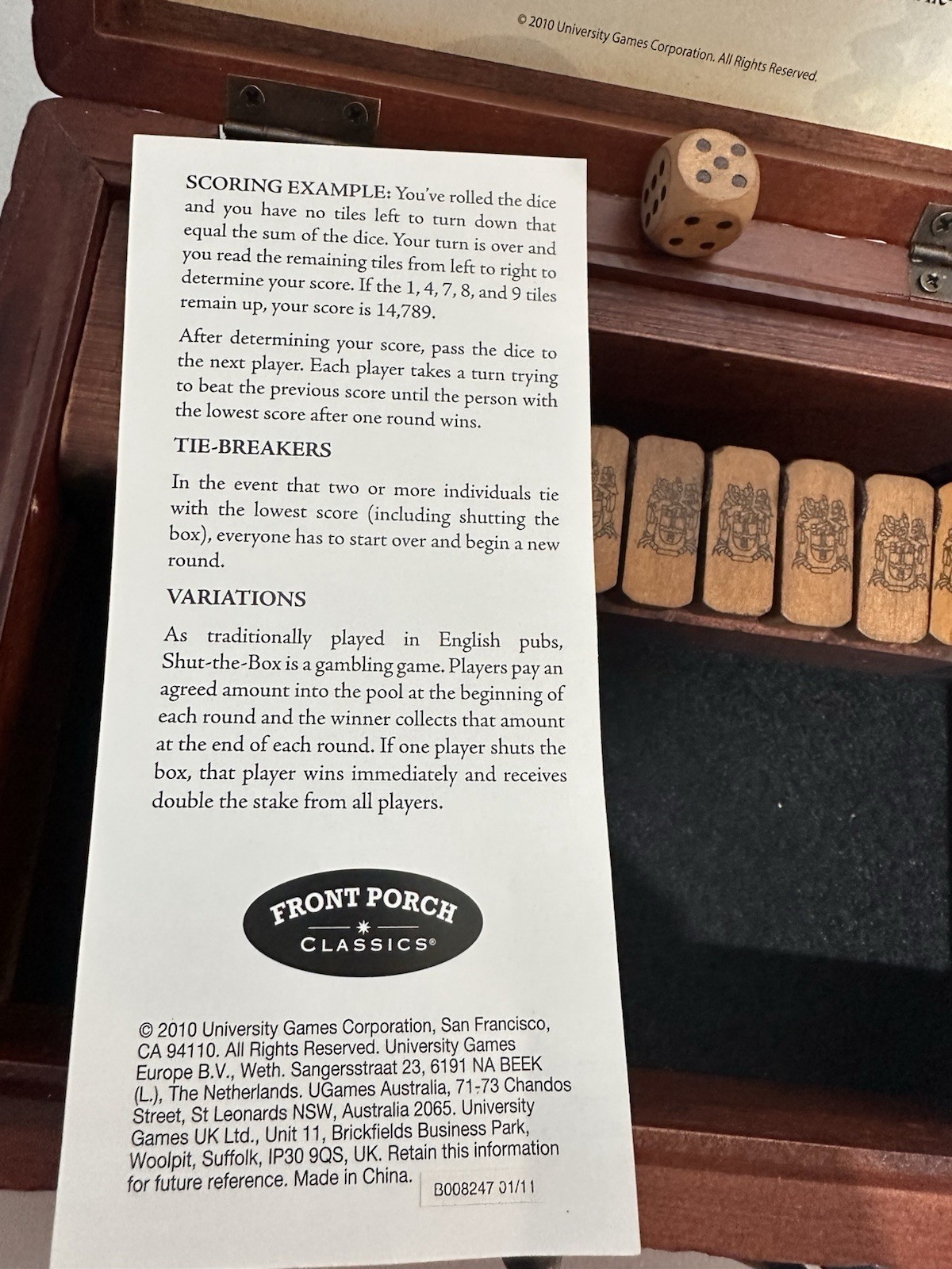Line Etched Box Vintage Shut The Box Front Porch Board Game W/ Dice 2010