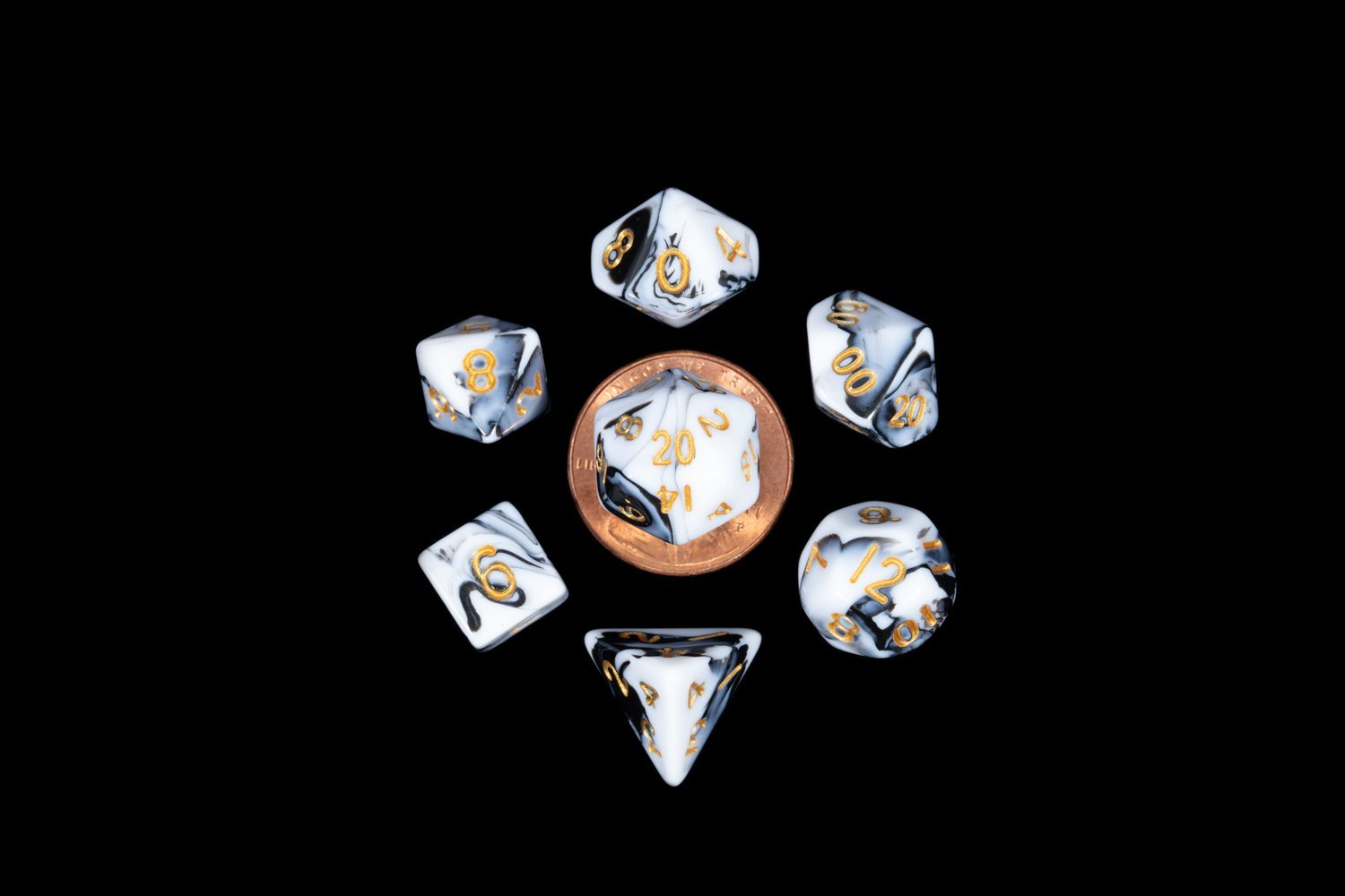 12mm Marble White-Black w/Gold Dice Set DnD Rpg