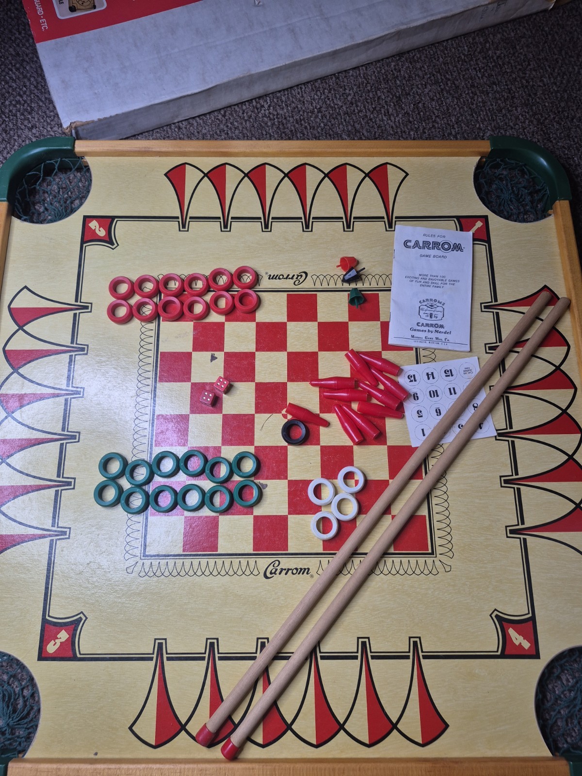 Vintage Carrom Wooden Game Board Table Model 100 Complete In Original Box