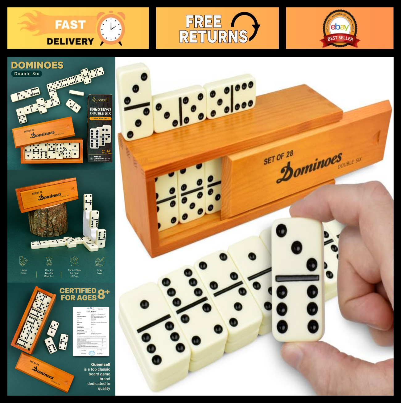 Jumbo Double 6 Dominoes Set for Adults & Kids – Classic Board Game, 28 Tiles, Tr