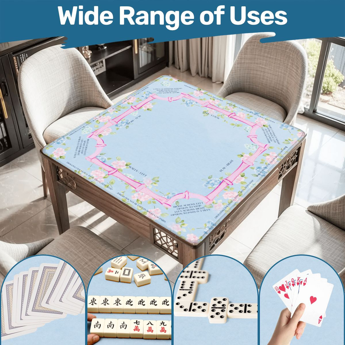 Hydrangea Floral Mahjong Mat – 3MM thick, 31.5″x31.5″, Pink and Blue