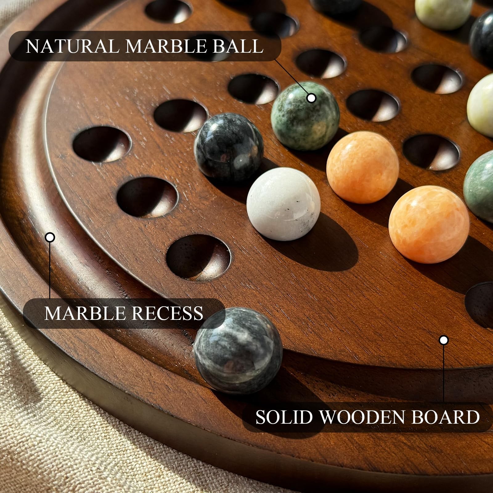 Solitaire Game,12.7-Inch inches Solid Wooden Board with 33 Natural Marble Bal…