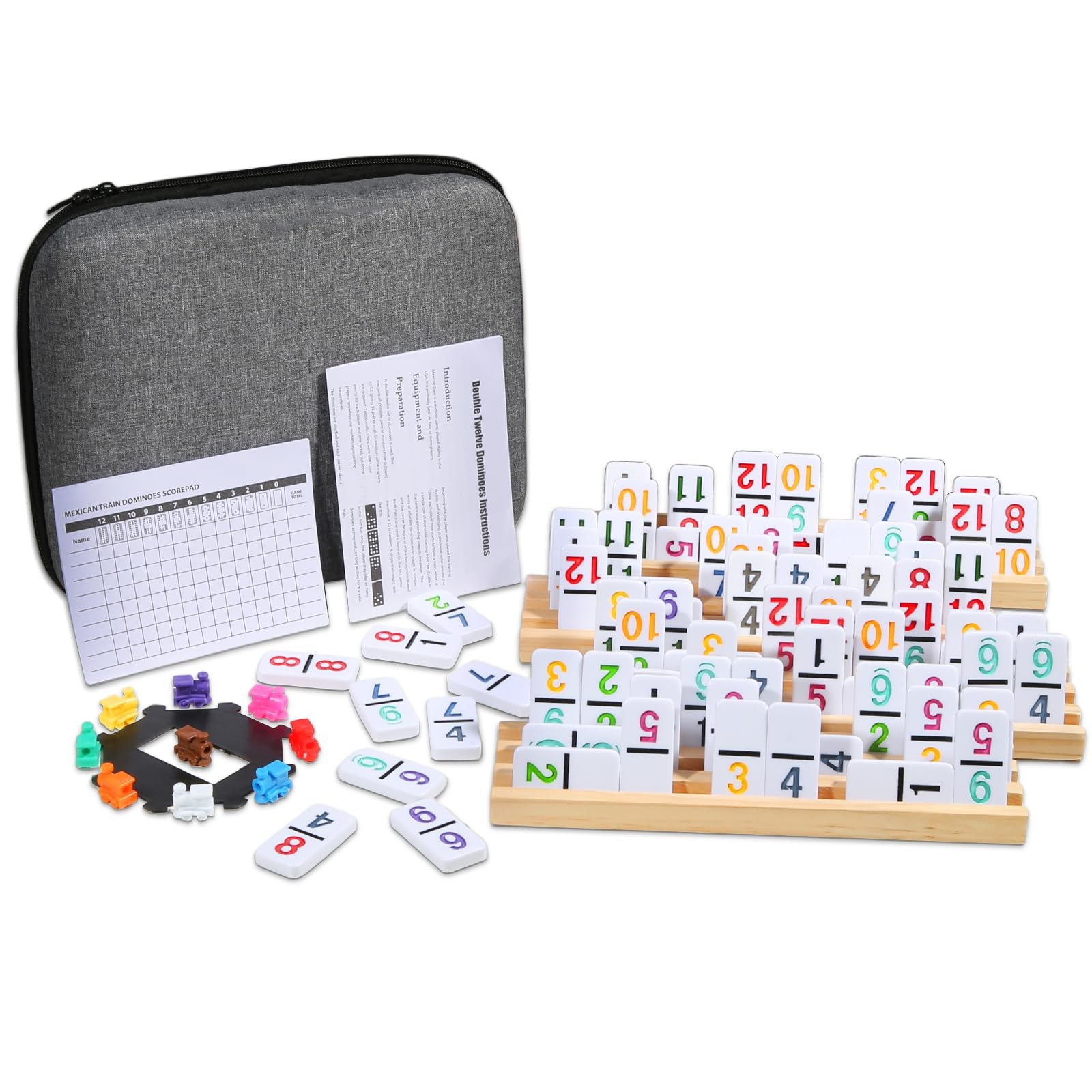 Mexican Train Numbers Dominoes with 4 Wood Trays, Color Double 12 Numerical Domi