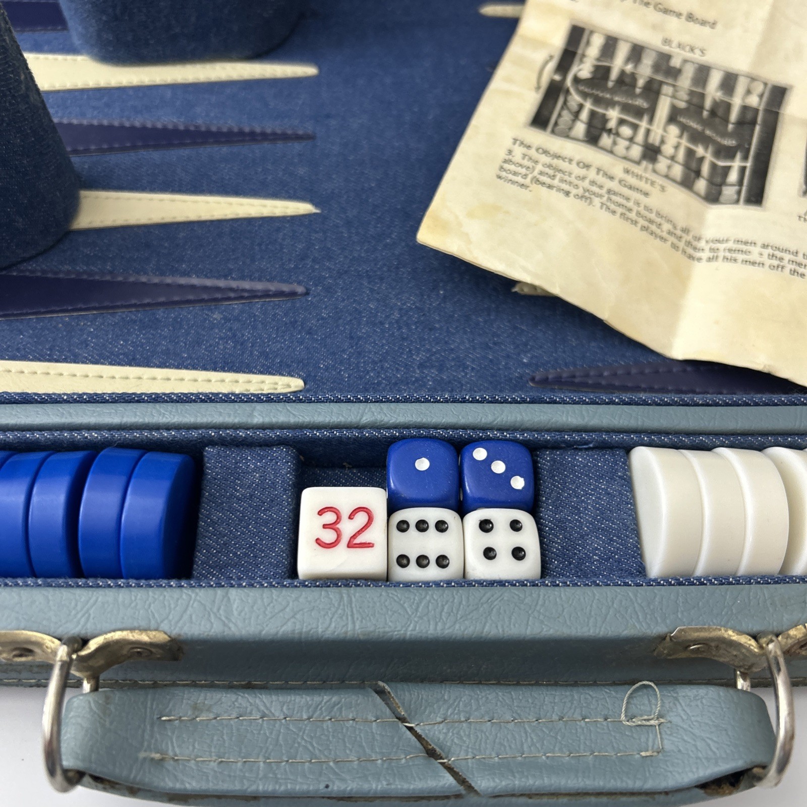 Vintage Backgammon Set Blue Corduroy Case Blue White Bakelite Chips 15” X 20”