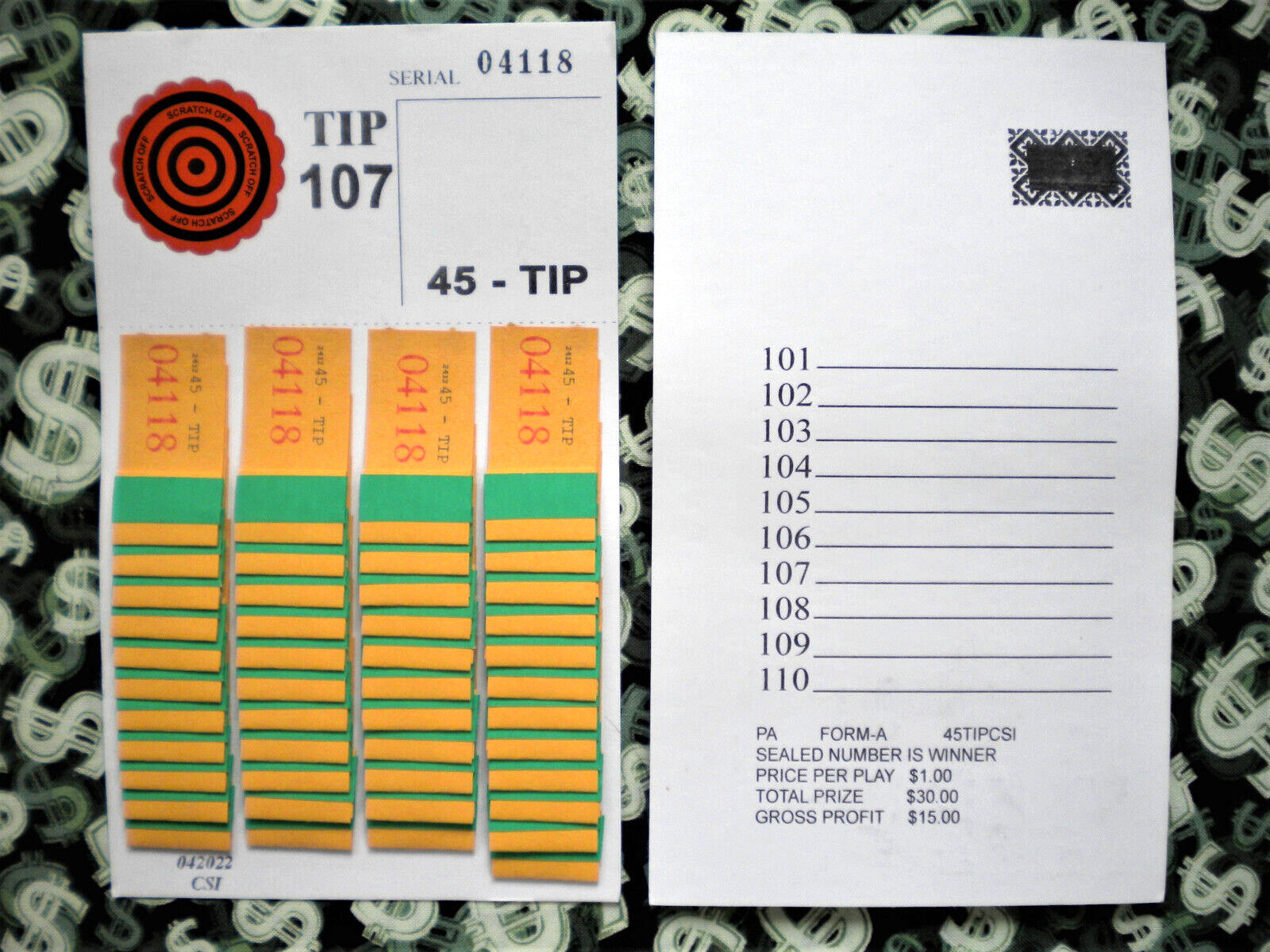 1 Dozen ~ 45 REGULAR “NOT Sure” TIP BOARDS {101-110} Raffle Pull Tab Jar Tickets