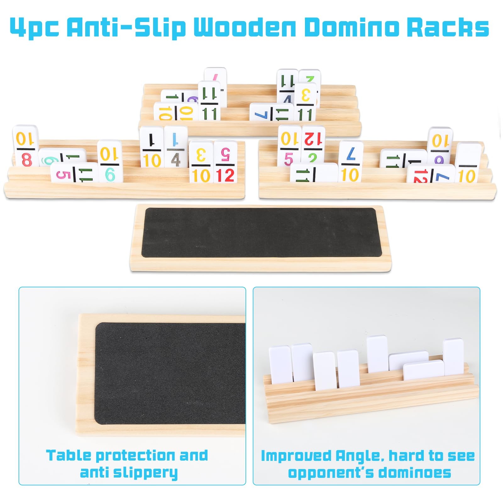 Mexican Train Numbers Dominoes with 4 Wood Trays, Color Double 12 Numerical Domi