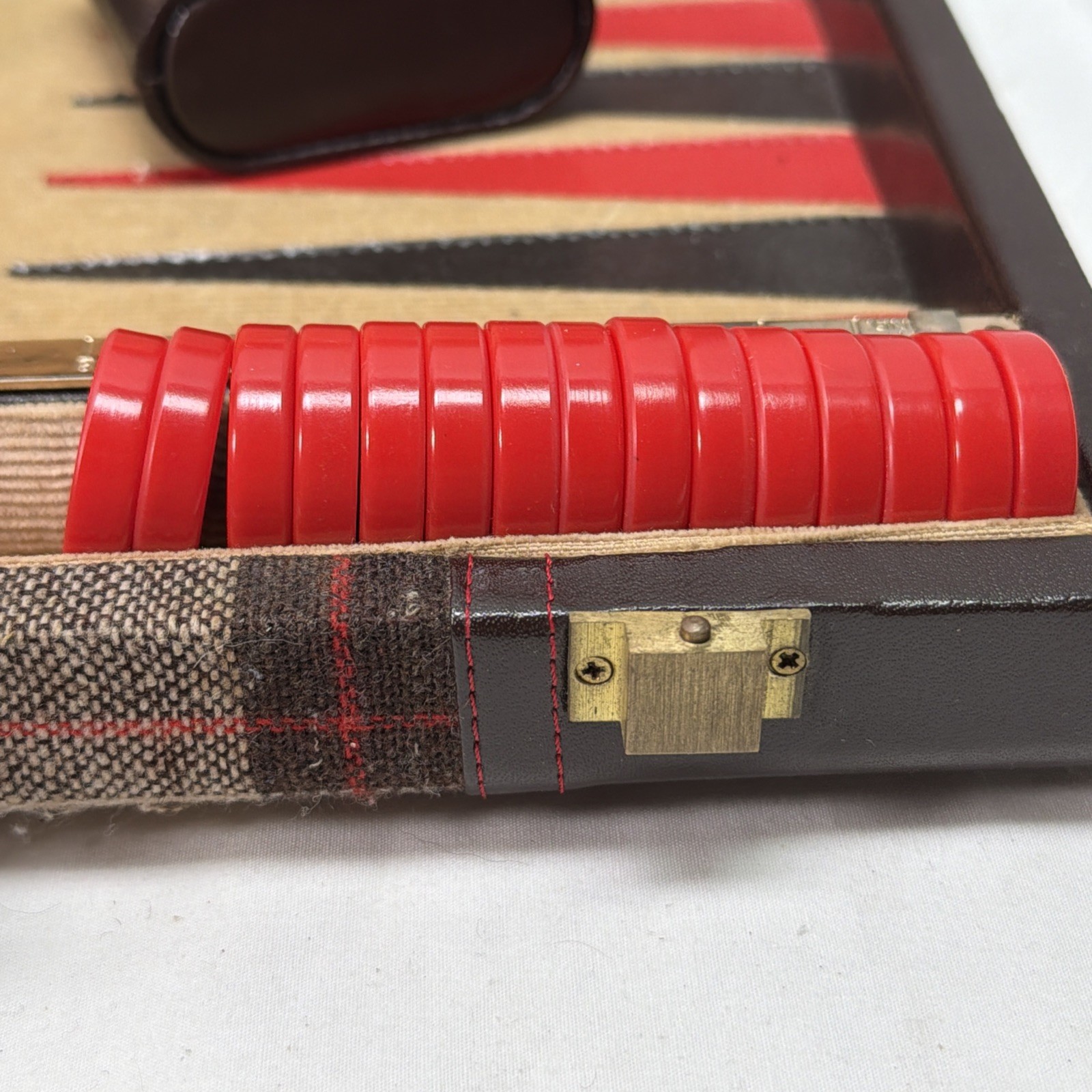 Vintage Aries Of Beverly Hills Backgammon Set Brown And Navy Plaid COMPLETE MCM