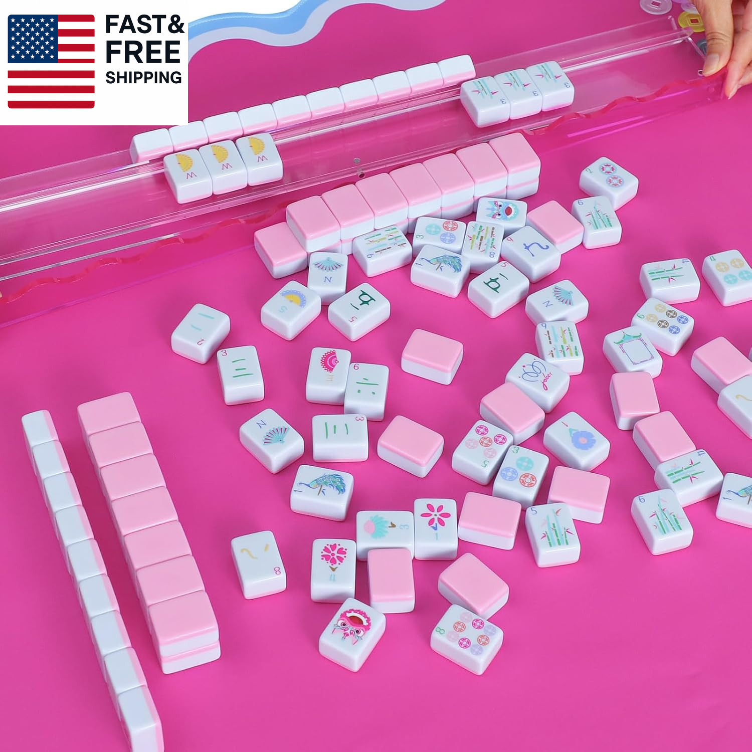 160 Pink American Printed Mahjong Game Set with Carrying Bag and Accessories