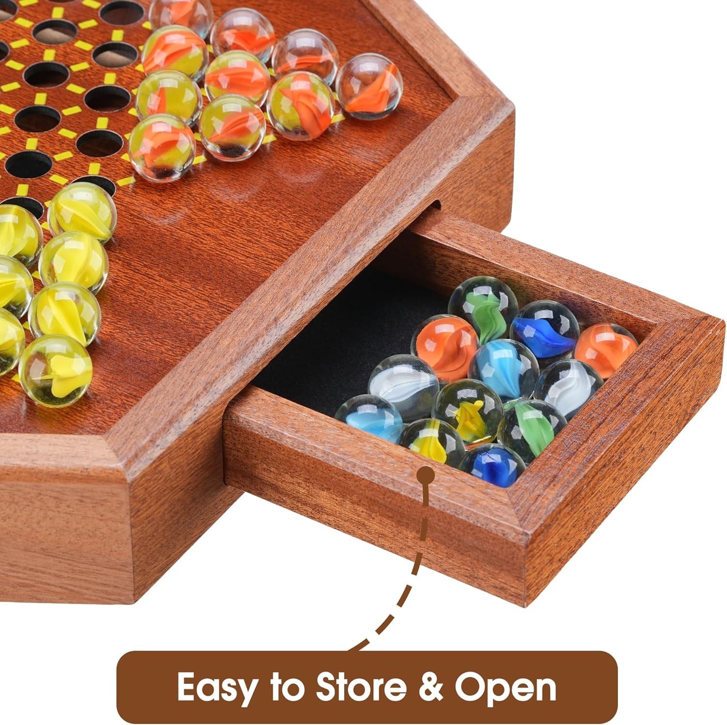 14.2” Chinese Checkers Game Set w/ 72 Glass Marbles + Storage Drawer
