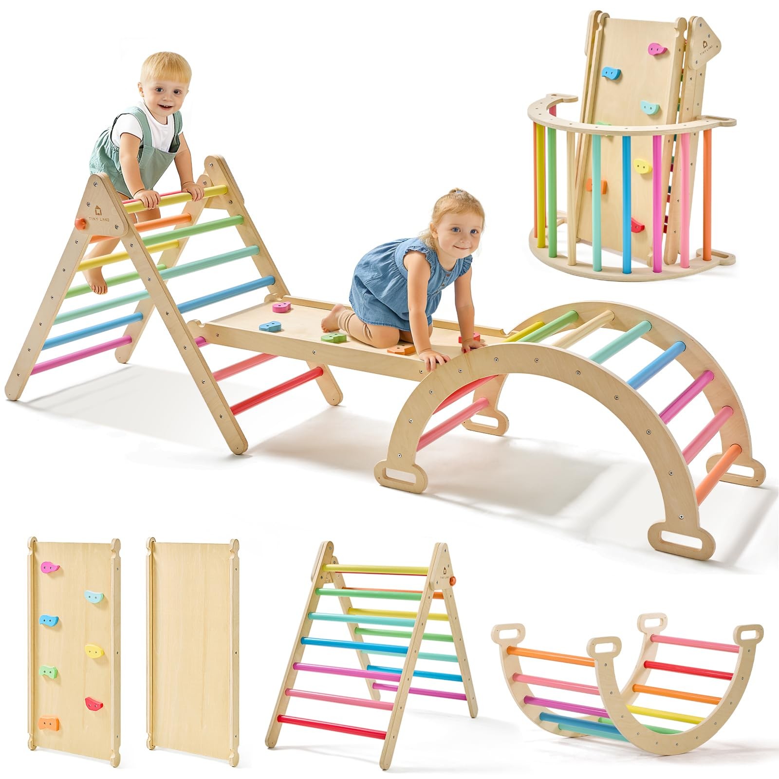 Pikler Triangle 7-in-1 Foldable Climbing Toy Set Kids Montessori Natural Tiny
