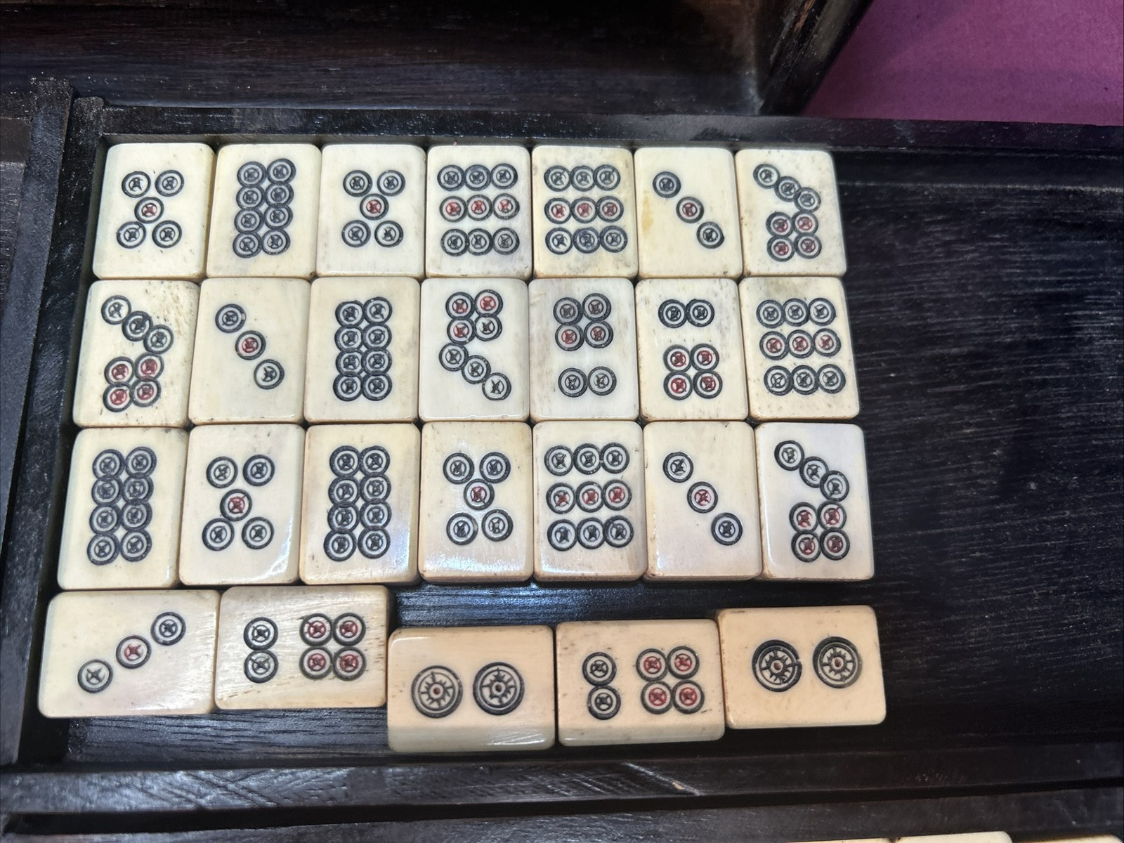 Vtg Chinese Mahjong Tiles Set w Characters Inlay Drawers Box Chest