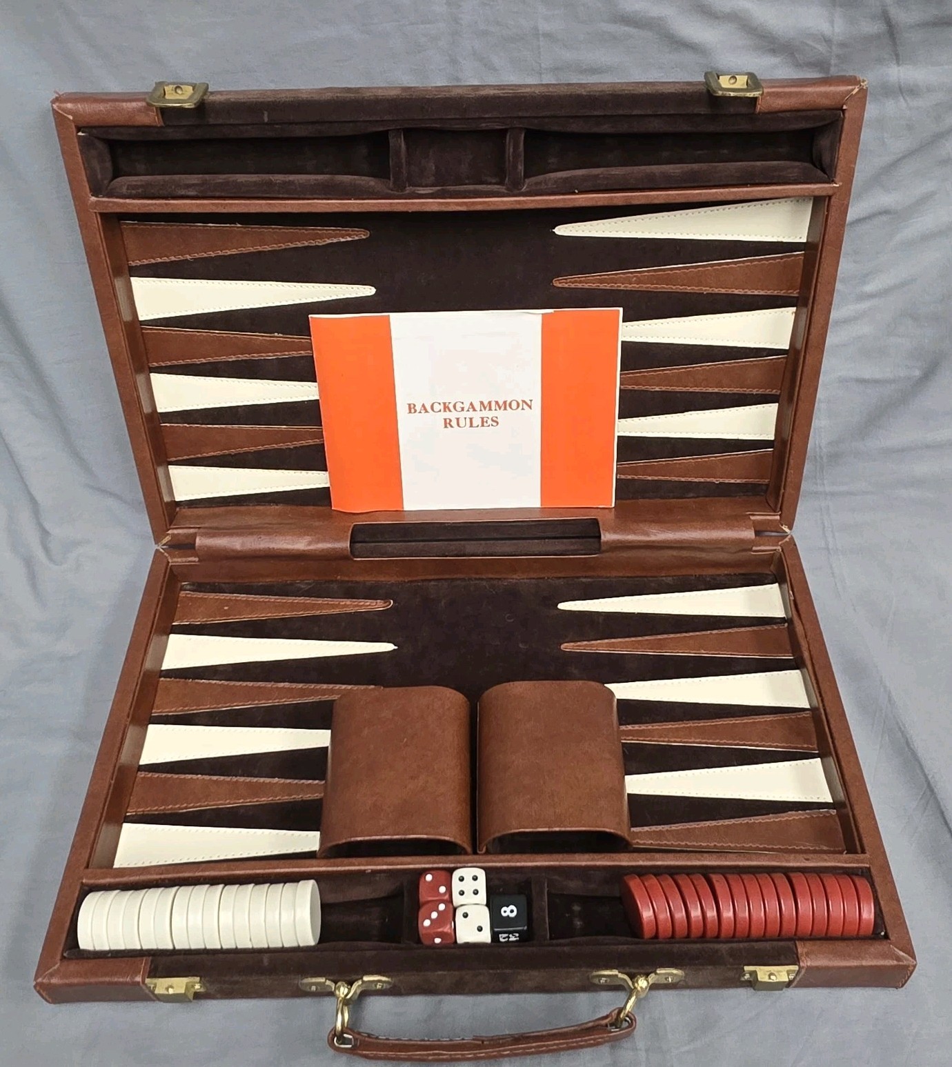 Vintage Backgammon Game Set Velvety Brown Briefcase Type TAIWAN Complete