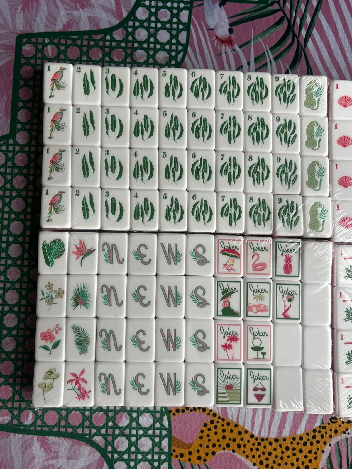 Green and Pink | American Mahjong Tile Set Beachy vibe with Cheetah Palm Mat