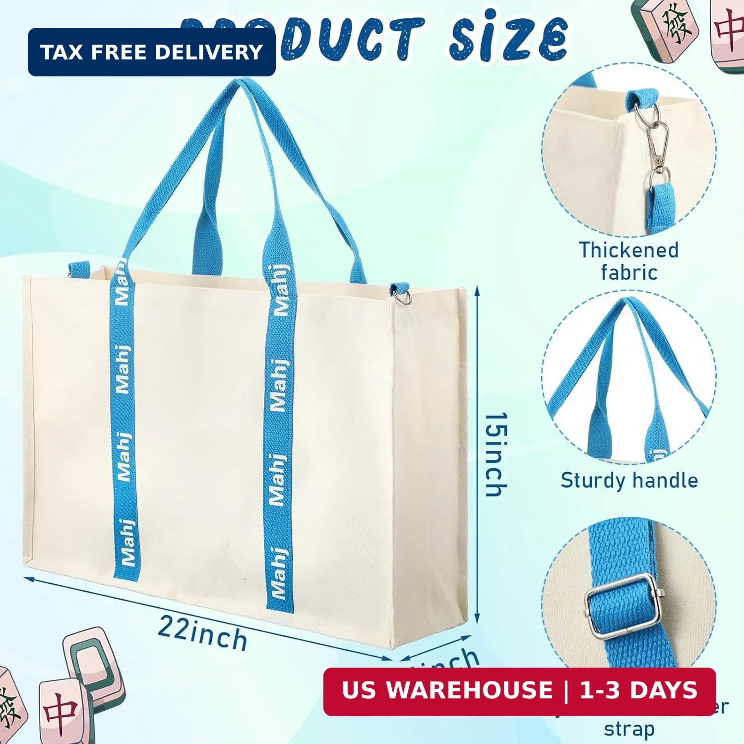 2 Pcs Embroidered Mahjong Canvas Tote Bags Large Empty Mah-Jong Tile Bag Mahjong