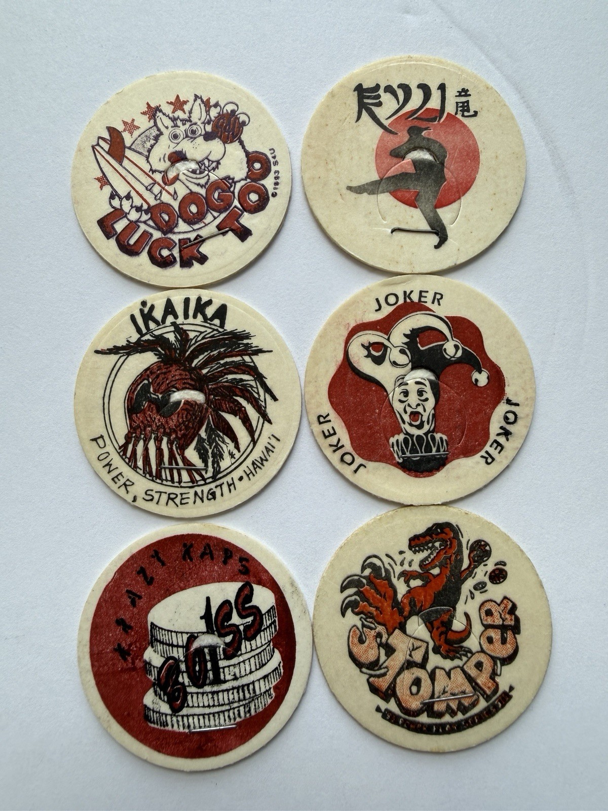 Vintage POG Milk Cap Lot 6 Hawaii Karate Joker Monster Dogo Luck 1990s WPF