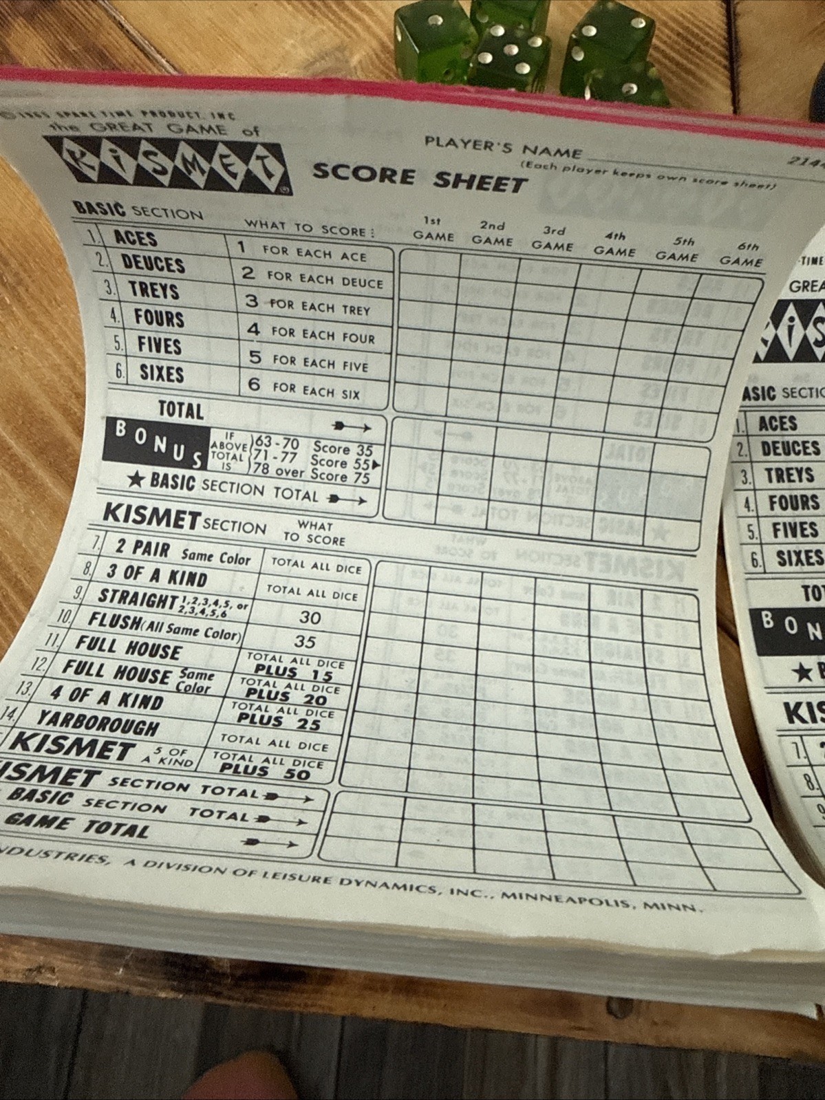 Vintage KISMET Game of YACHT Score Pads, No pencil, dice & instr.