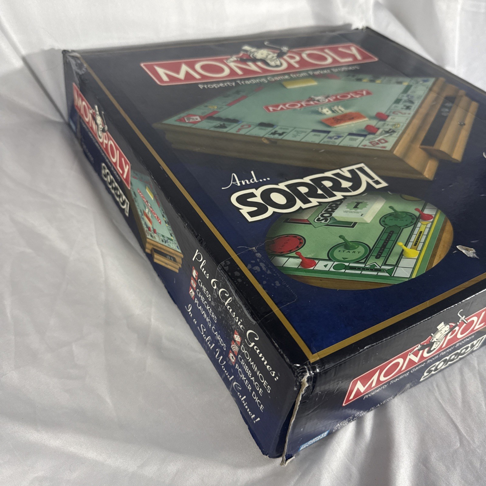 MONOPOLY SORRY Plus 6 Classic Games Tabletop Solid Wood Cabinet – Incomplete