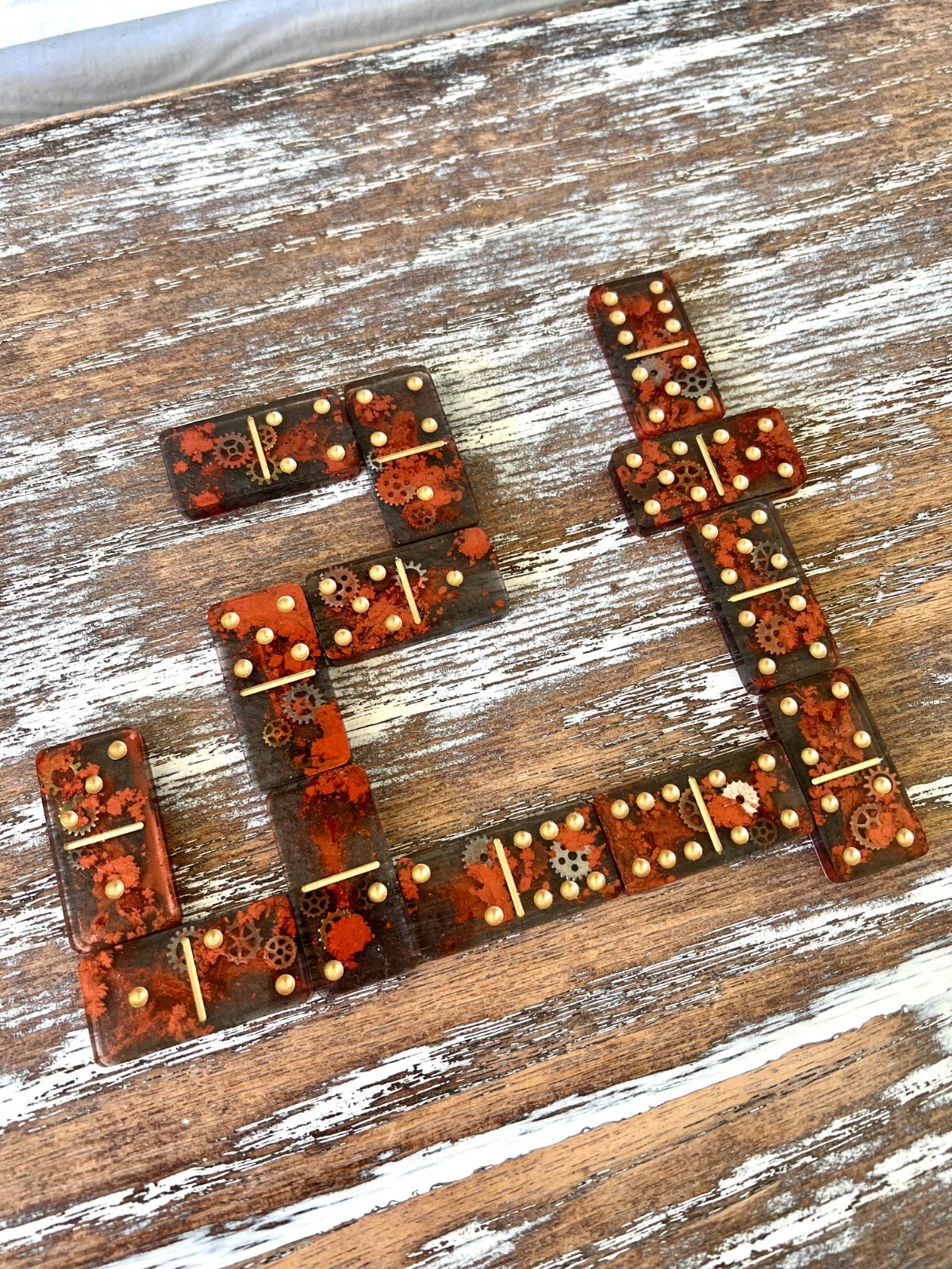 Old World Steampunk Resin Dominoes Game with Velvet Bag 28 pieces Handmade Gift