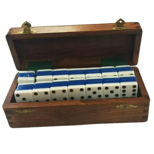Domino Double Six 6 Two Tone Blue-White Jumbo Pro Size with Spinners – Wood Box