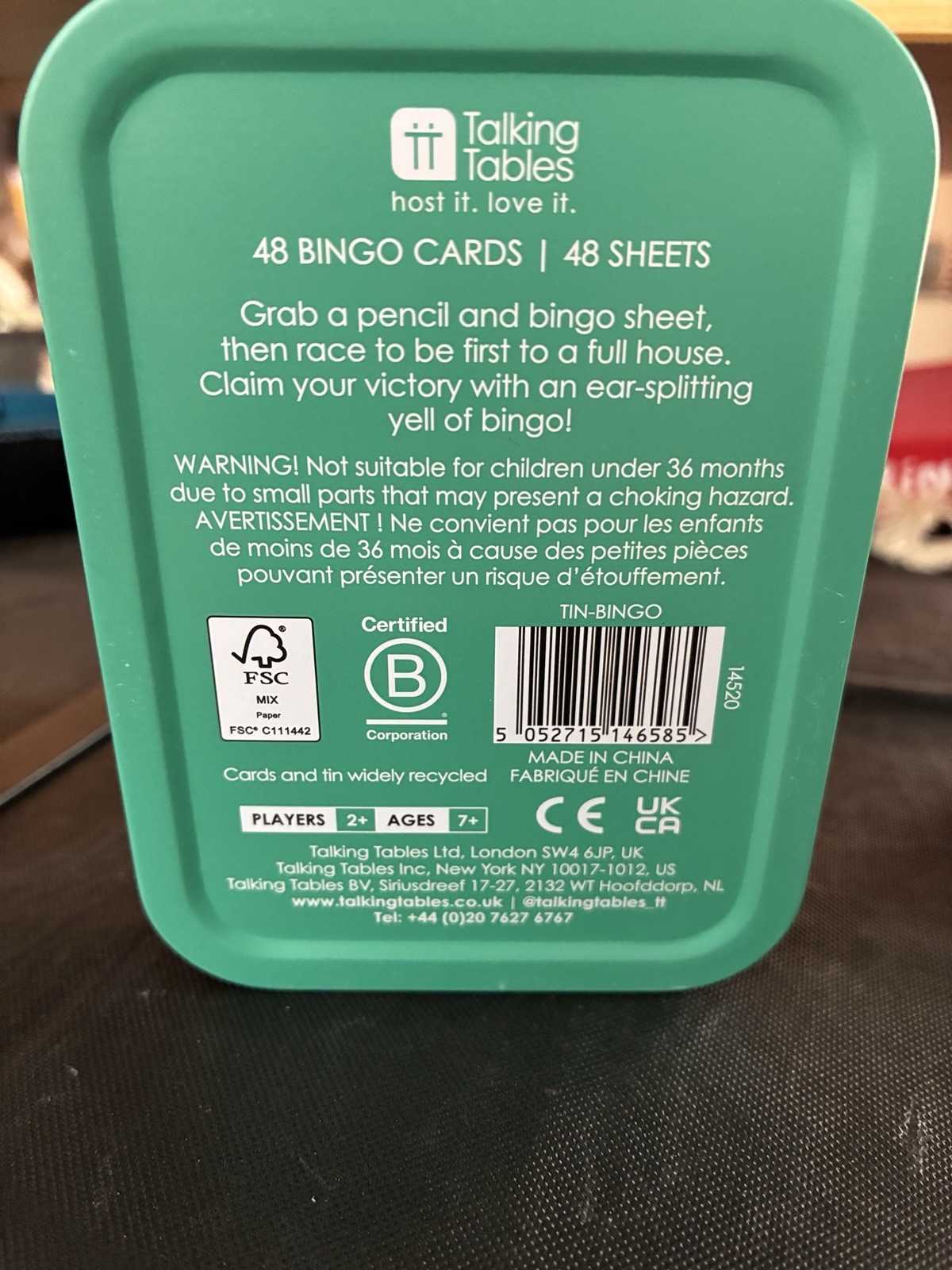Talking Tables Pocket Bingo Travel Size Tin Game 48 Cards 2+ Players Ages 7+