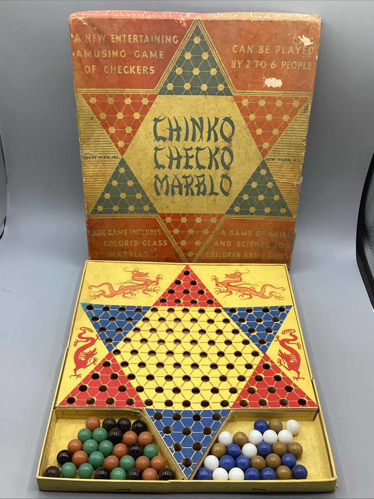 Vintage 1940s Chinko Checko Marble Game, Berry Pink Inc. With Original Marbles