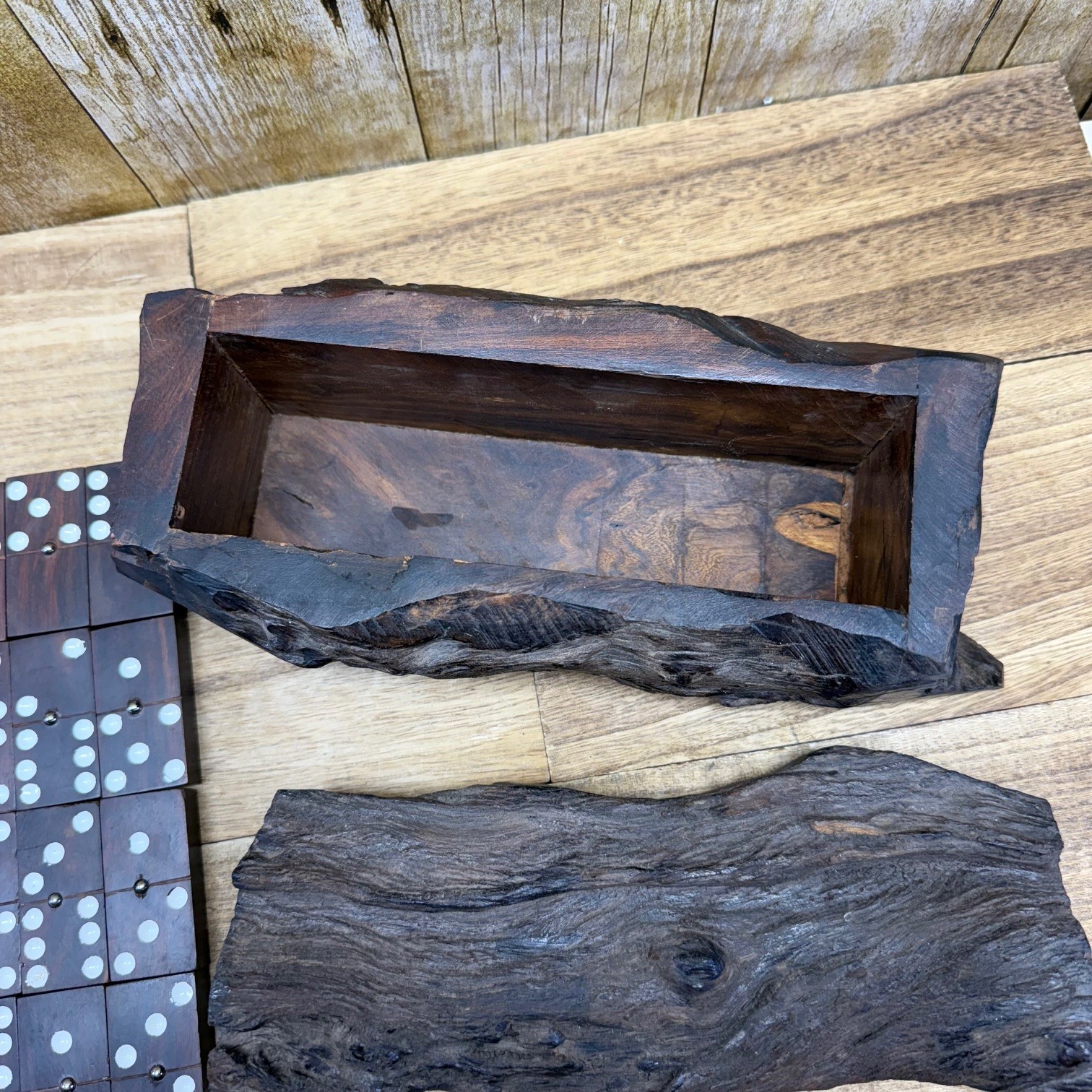 VTG Wood Hand Made Ironwood Dominos Set of 28 Tiles Rustic Log Case Complete