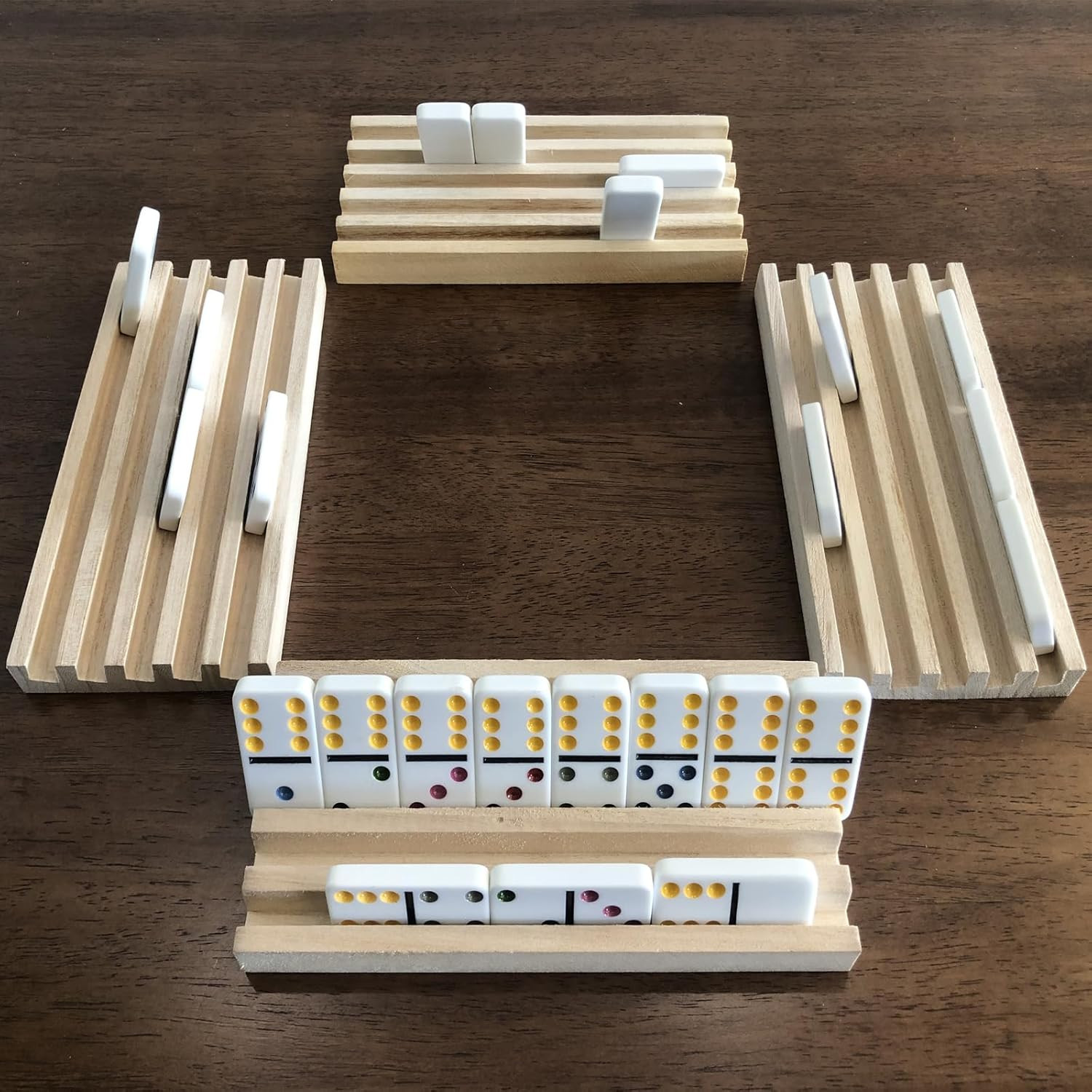 Domino Holder Trays Rack – Set of 4 Wooden Tiles Stand Holders for Mexican Train