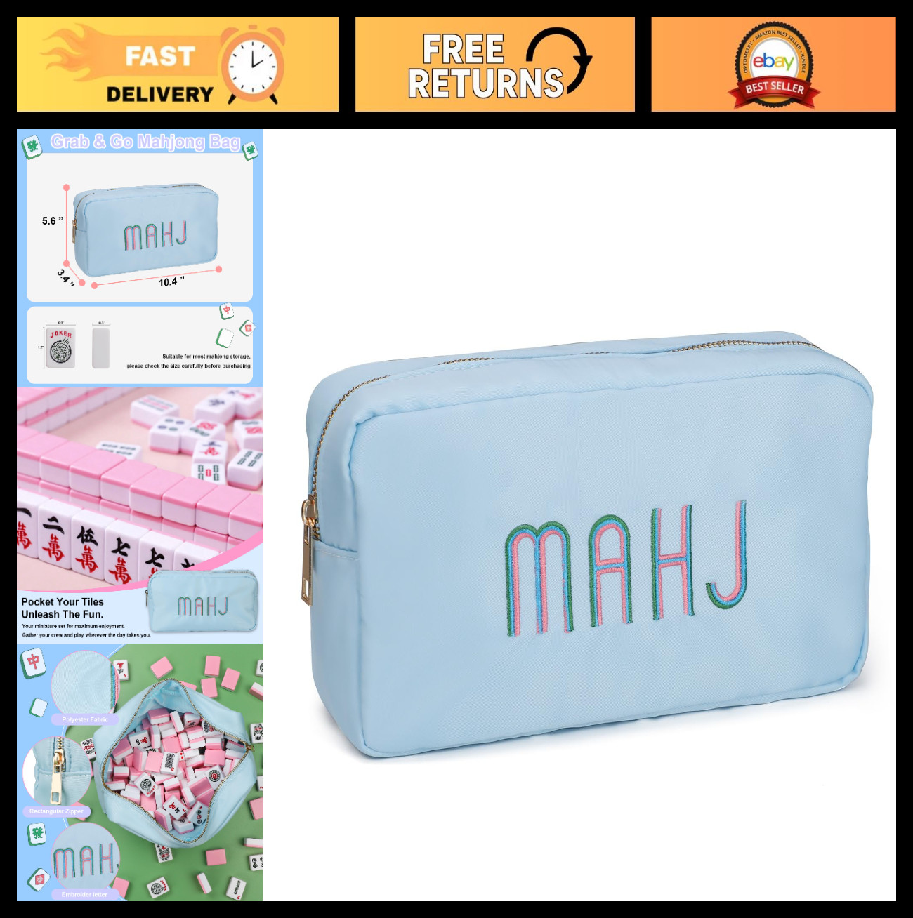Portable Mahjong Tiles Bag for 1.2″ Tiles, Zippered Storage Case, Soft Blue Trav