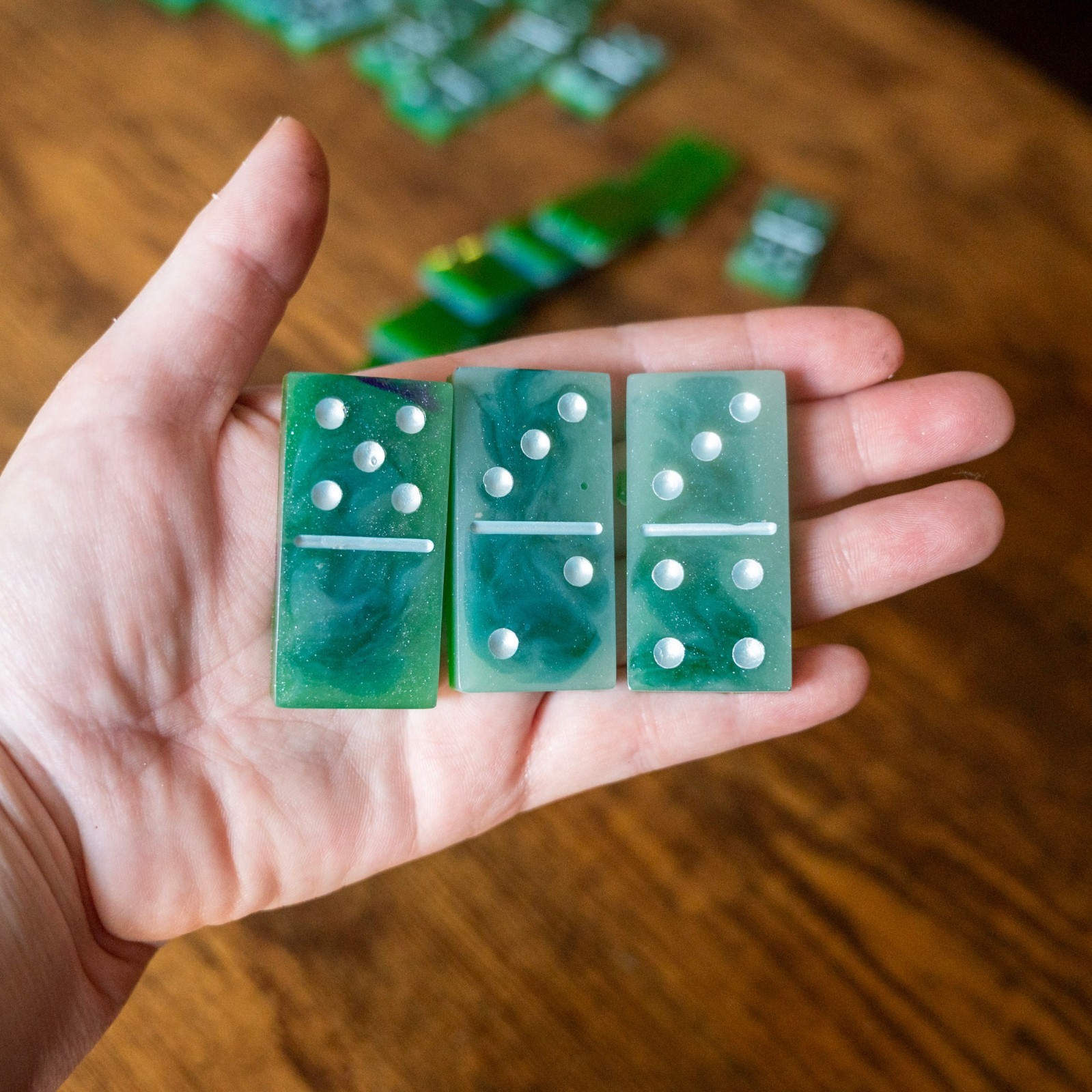 Handmade Resin Domino Set with Matching Storage Box Blue Green Swirl