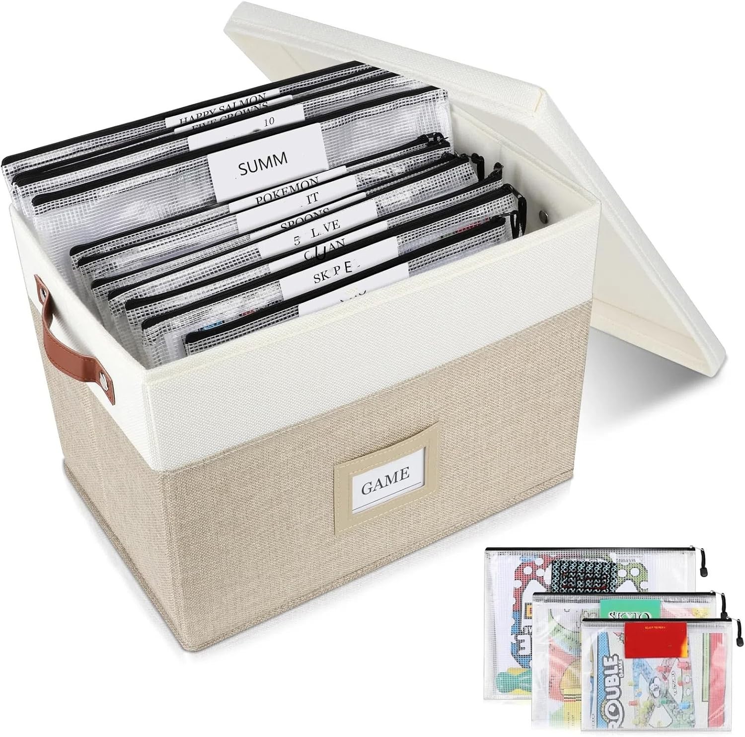 Elegant Board Game Storage with 12 Zipper Bags & Custom Stickers – Modern Design